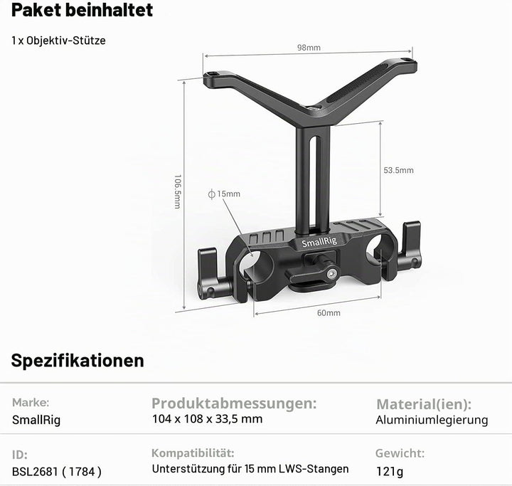 SMALLRIG 15mm LWS Linsenunterstützung für Langes Objektiv - BSL2681 53.5mm, 53.5mm