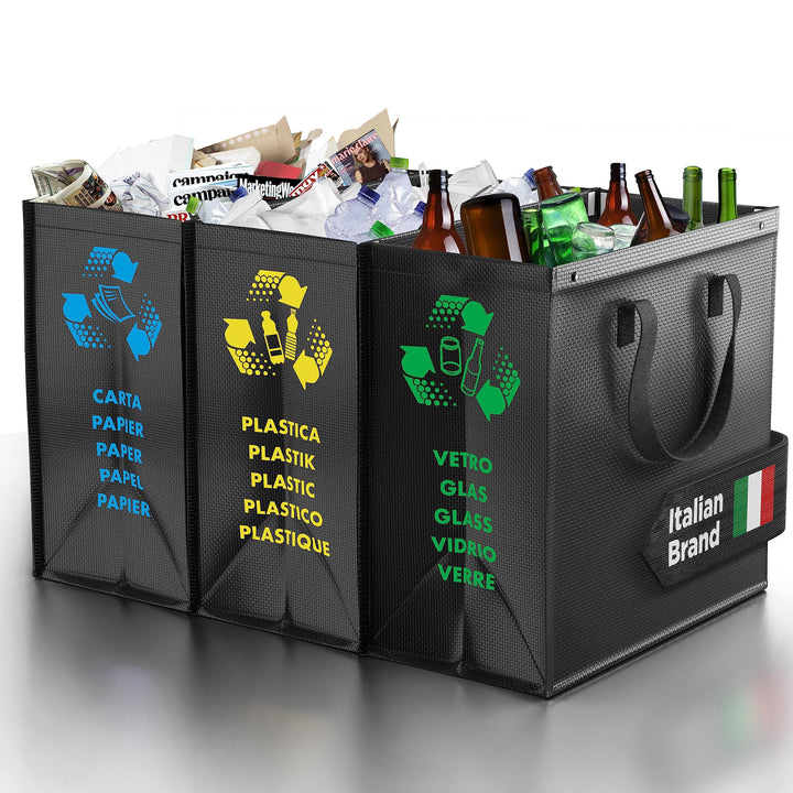 PTMS® Mülltrennsystem Taschen für Papier, Glas und Plastik - Umweltfreundliche Mülleimer 3 Fächer -