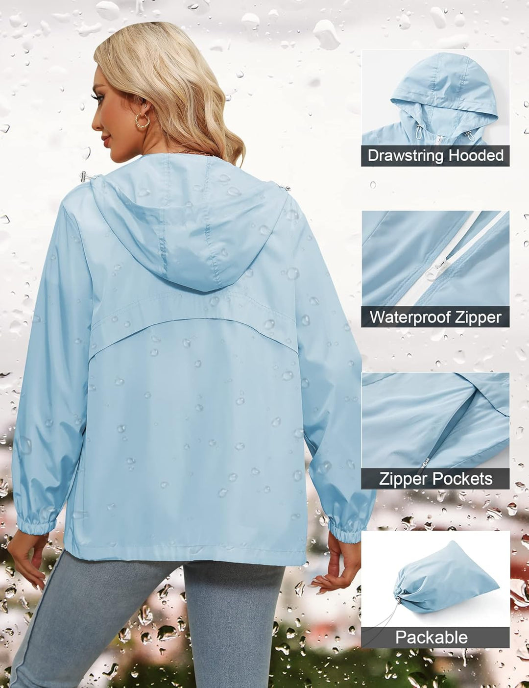 Regenjacke Damen Wasserdicht Leicht Regenmantel Windbreaker Packbar Dünne Regenjacken Windjacke mit