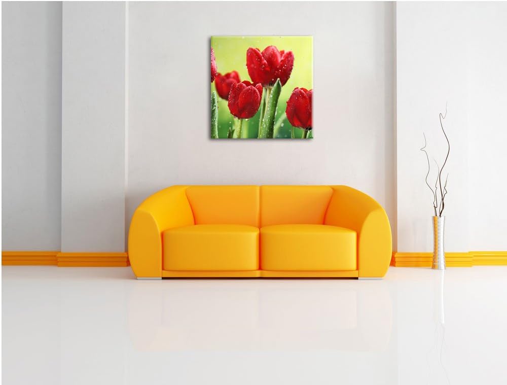 Pixxprint Rote Tulpen mit Tropfen bedeckt, Format: 70x70 auf Leinwand, 70x70