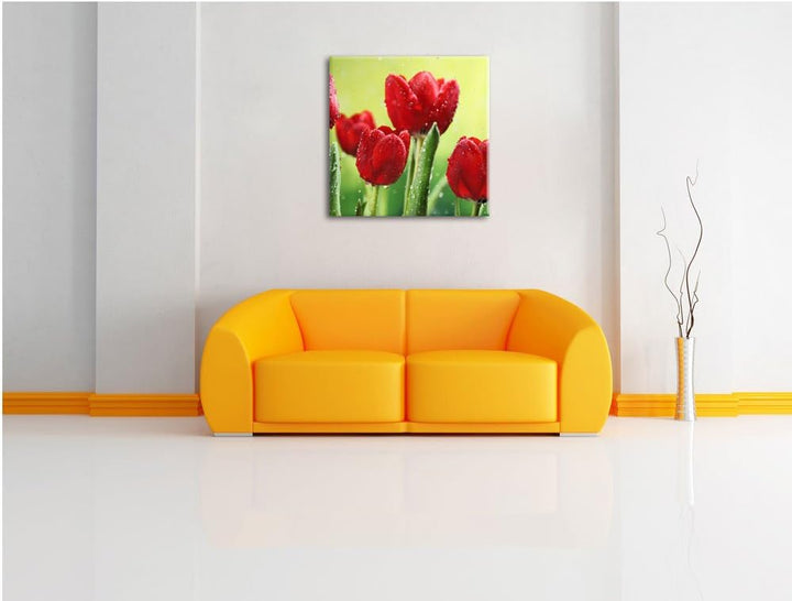 Pixxprint Rote Tulpen mit Tropfen bedeckt, Format: 70x70 auf Leinwand, 70x70