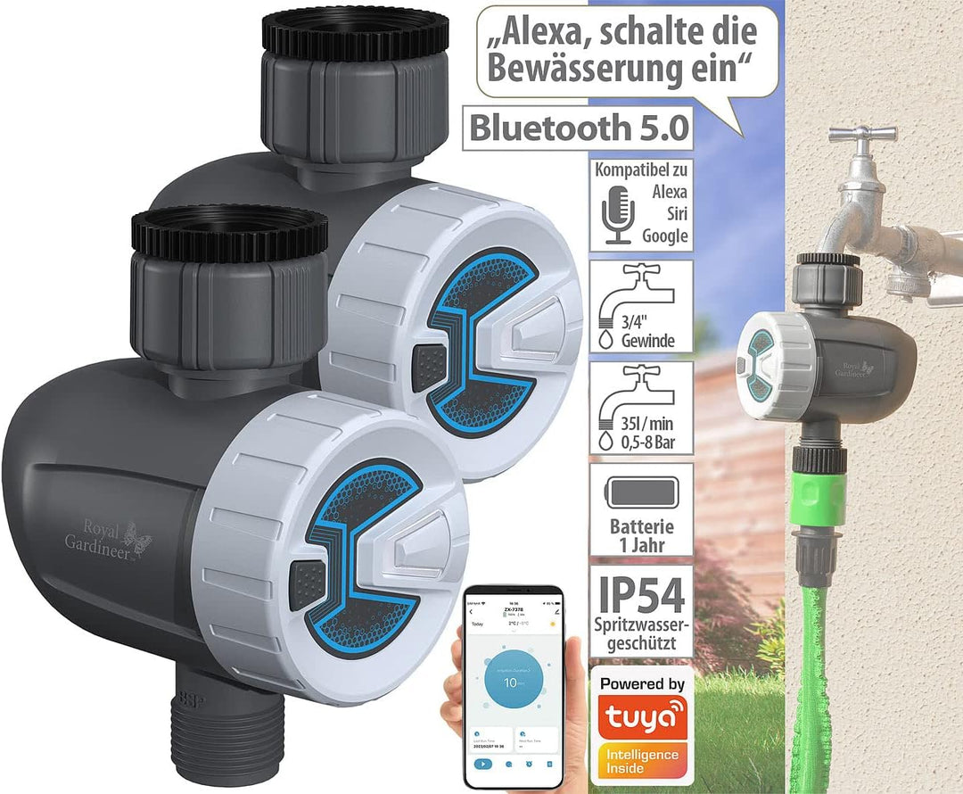 Royal Gardineer Magnetventil Bluetooth: 2er-Set smarte programmierbare Bewässerungscomputer mit BT &