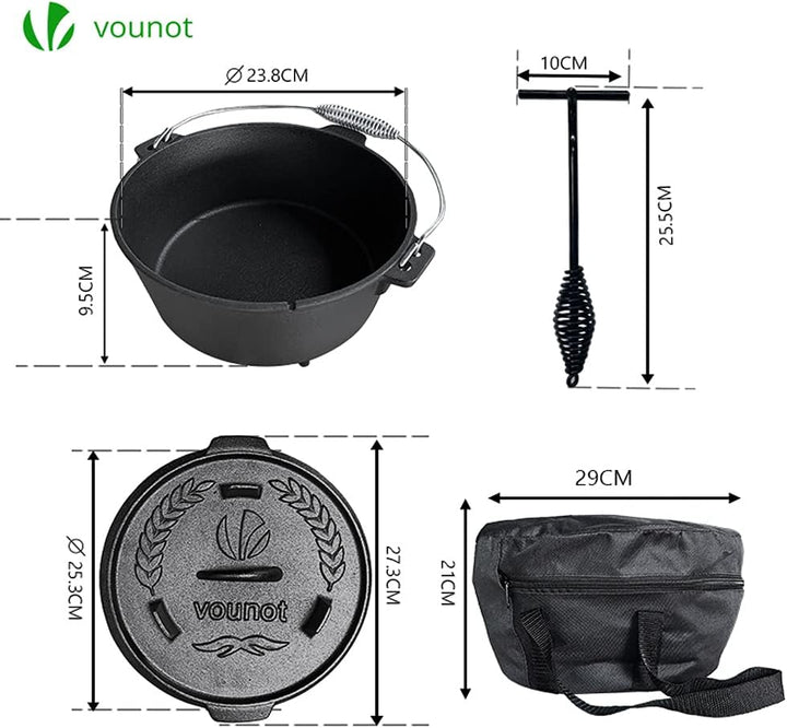 VOUNOT Dutch Oven Set 4.25 Liter, Eingebrannter Feuertopf aus Gusseisen für Garten Lagerfeuer Campin