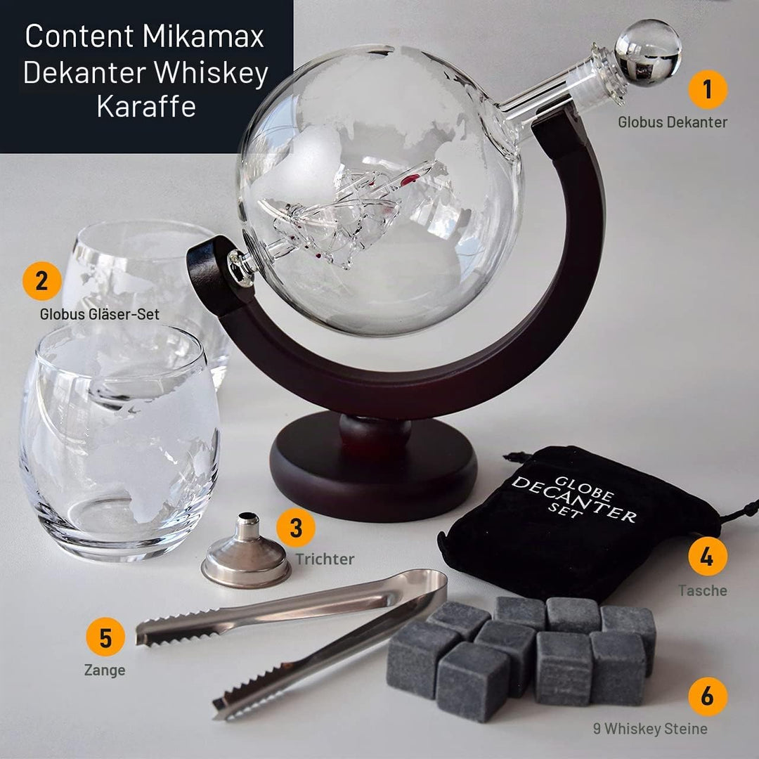 MikaMax - Globus Dekanter Set - Whisky Karaffe - mit zwei Gläser - Whiskysteine - Zange - Trichter i