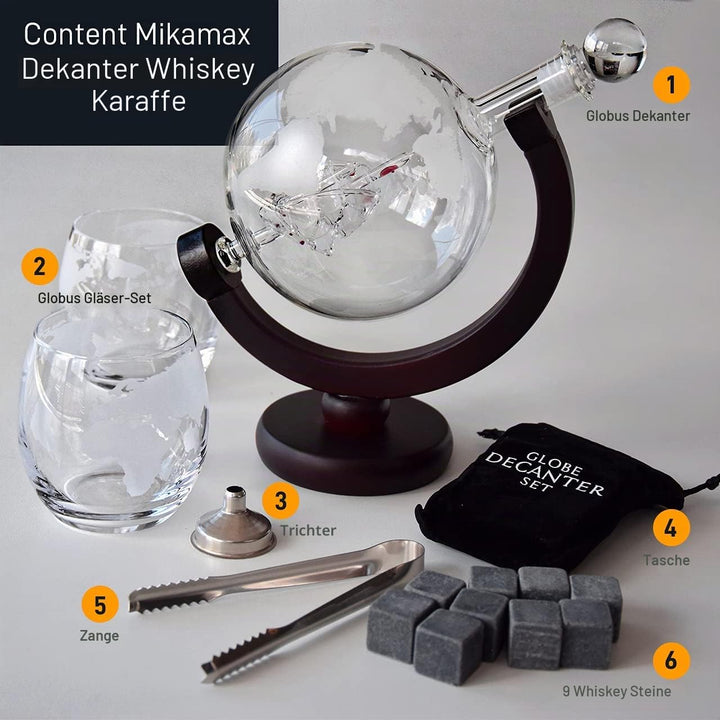 MikaMax - Globus Dekanter Set - Whisky Karaffe - mit zwei Gläser - Whiskysteine - Zange - Trichter i