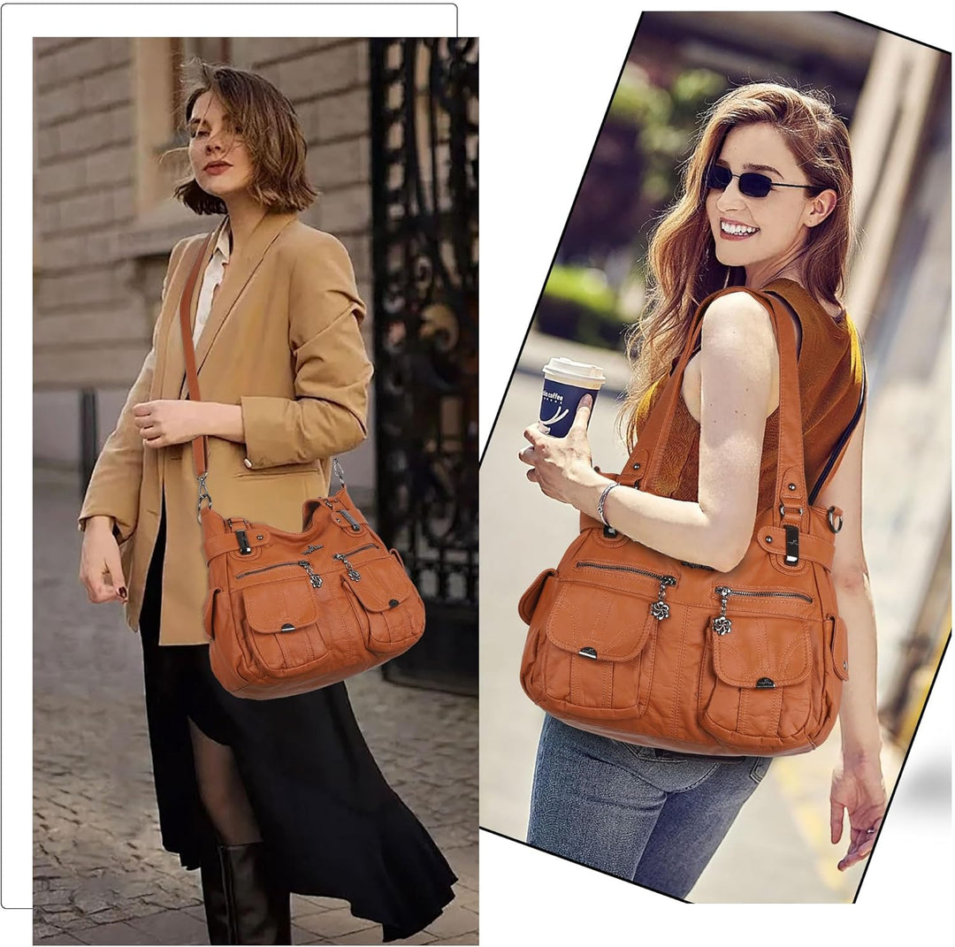 Angelkiss Damen Handtasche Grosse Doppelreissverschluss Multi Pocket Washed Schultertasche Designer-