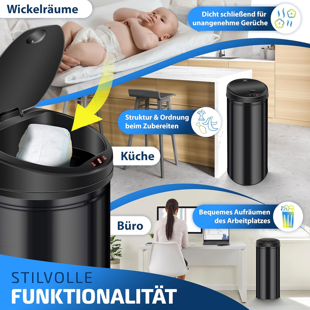KESSER Sensor Mülleimer ✓ Automatik ✓ Abfalleimer ✓ Abfall | Edelstahl | 56 Liter SCHWARZ, 56 Liter