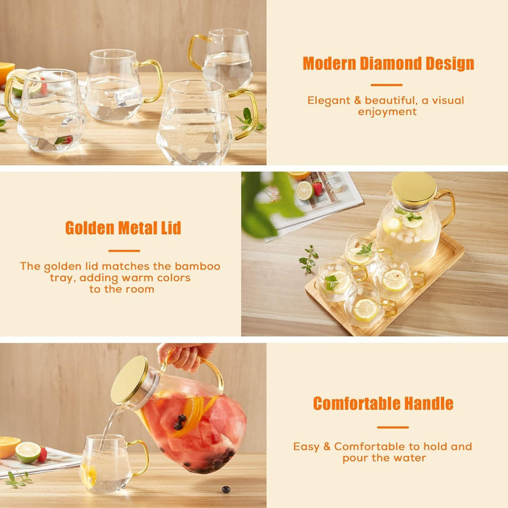 DUJUST Glaskaraffe mit goldenem Deckel 2 Liter, Wasserkaraffe im Modernen Diamant Design, Glaskrug m