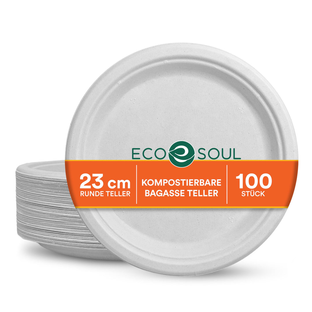 ECO SOUL weisse 23 cm (9 Zoll) runde Bagasse-Papierteller (100 Stück), Einweggeschirr, 100% komposti