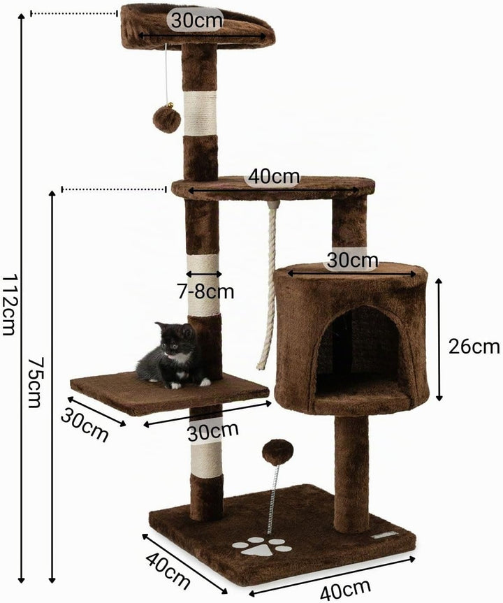 lionto Kratzbaum für Katzen mit 2 Plüschbällen &amp; Spielseil, Höhe 112 cm, Katzenbaum mit Sisalseil &amp;