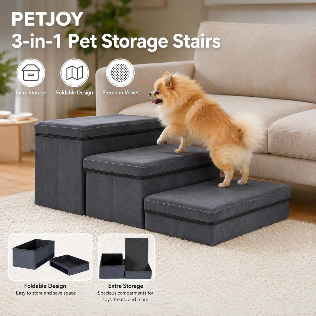 Hundetreppe mit Stauraum, faltbar, 3 Stufen, rutschfeste breite Hunderampe, Haustiertreppe für Bett