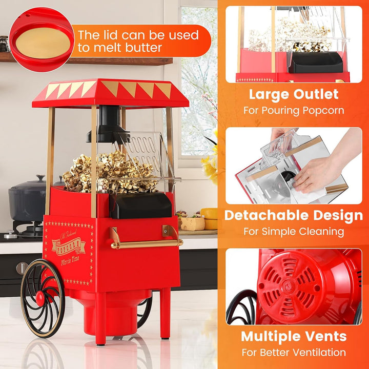 LIFEZEAL Retro Popcornmaschine 1200W, Heissluft Popcorn Maker ohne Öl, Popcornautomat mit Messbecher