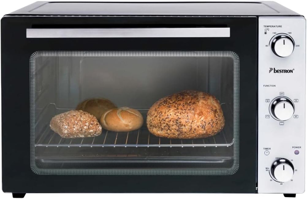 Bestron AOV55 2-in-1 Mini-Backofen mit Drehspiess, 55 Liter, 2000 W, Edelstahl, Schwarz 55 Liter Min