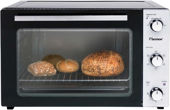 Bestron AOV55 2-in-1 Mini-Backofen mit Drehspiess, 55 Liter, 2000 W, Edelstahl, Schwarz 55 Liter Min
