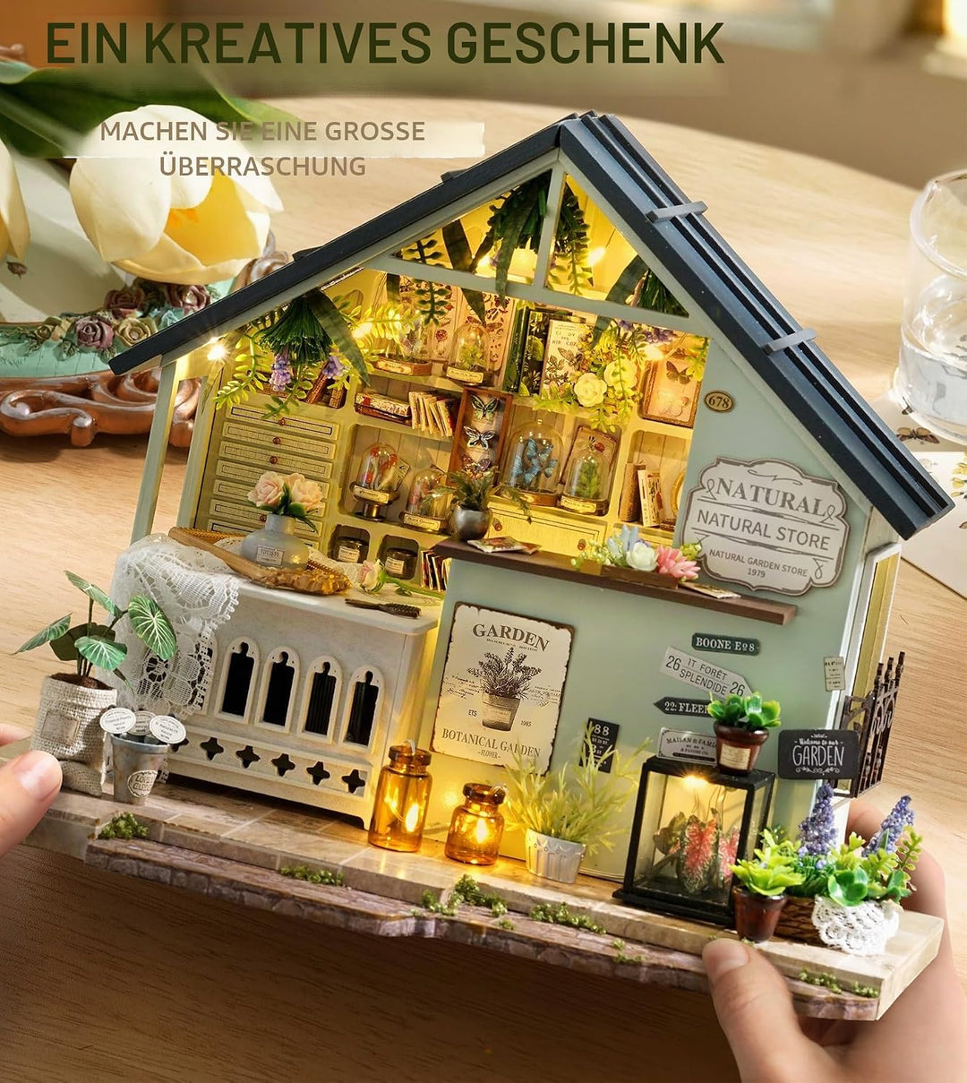 Spilay DIY Miniature House, Mini Handgefertigte Grünes Pflanzenstudio Kit Mit LED-Licht, Schutzhülle