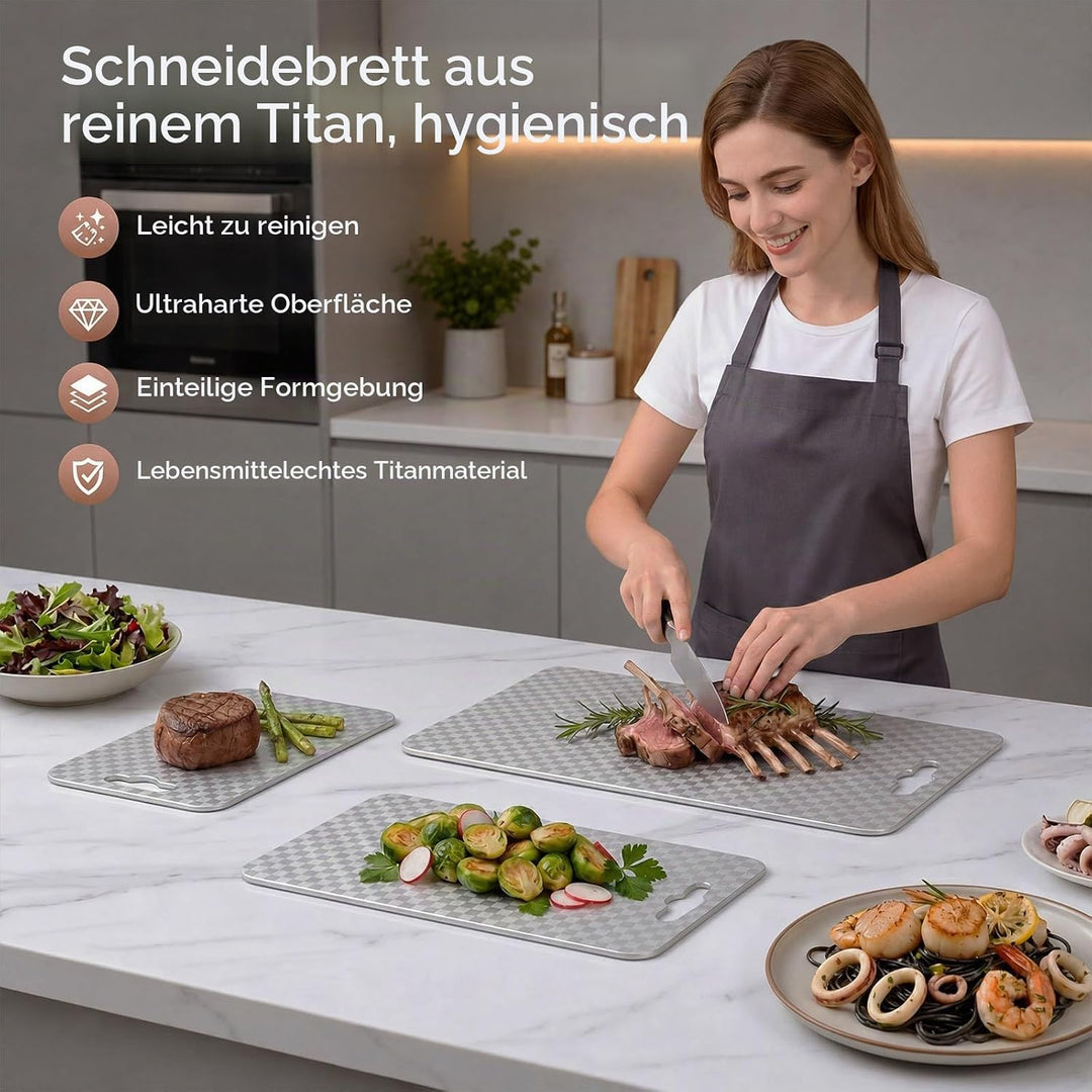 100% Reines Titan Schneidebrett 3er-Set, Beidseitig Nutzbar Kariertes Muster, Lebensmittelechte Küch
