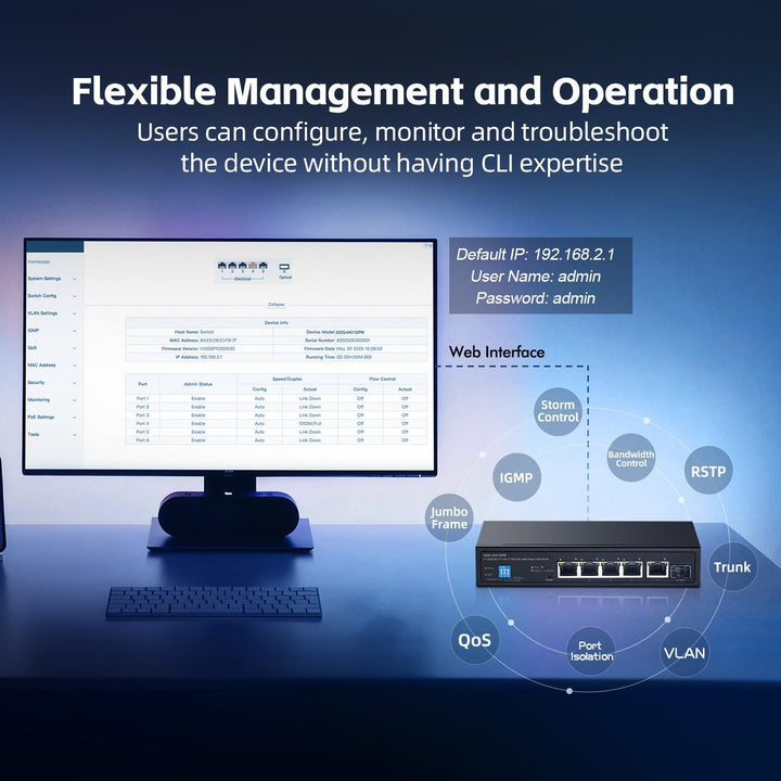 6-Port-2,5G-PoE-Managed-Switch, 10G-SFP+-Steckplatz, IEEE802.3af/at 100W, unterstützt Trunk/LACP/VLA