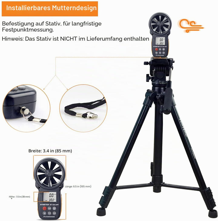 BTMETER Anemometer Bluetooth Wireless Handheld, BT-100APP Digital Windmesser CFM Messgerät, LCD Wind