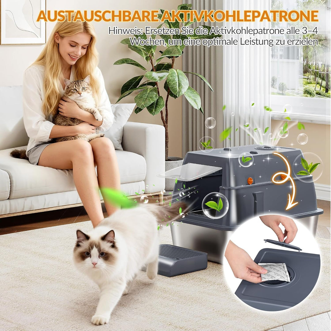 Edelstahl-Katzenklo mit Deckel, Geschlossene Katzentoilette, 180°Klappdeckel, Inklusive Pedal und Sc