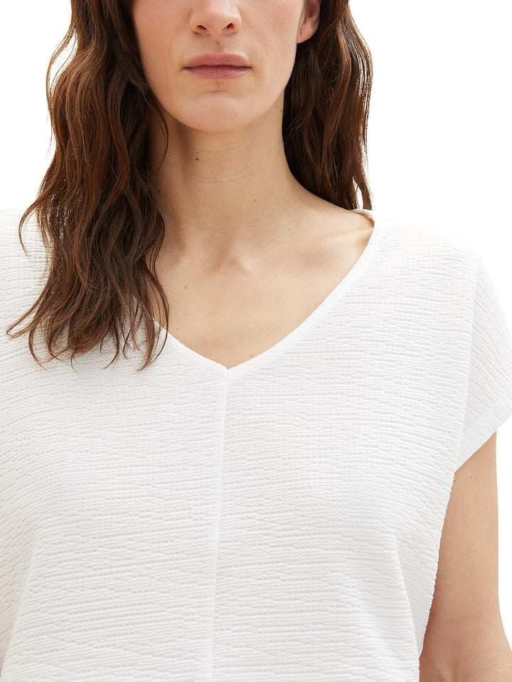 TOM TAILOR Damen Basic T-Shirt im Material-Mix S 10315 - Whisper White, S 10315 - Whisper White