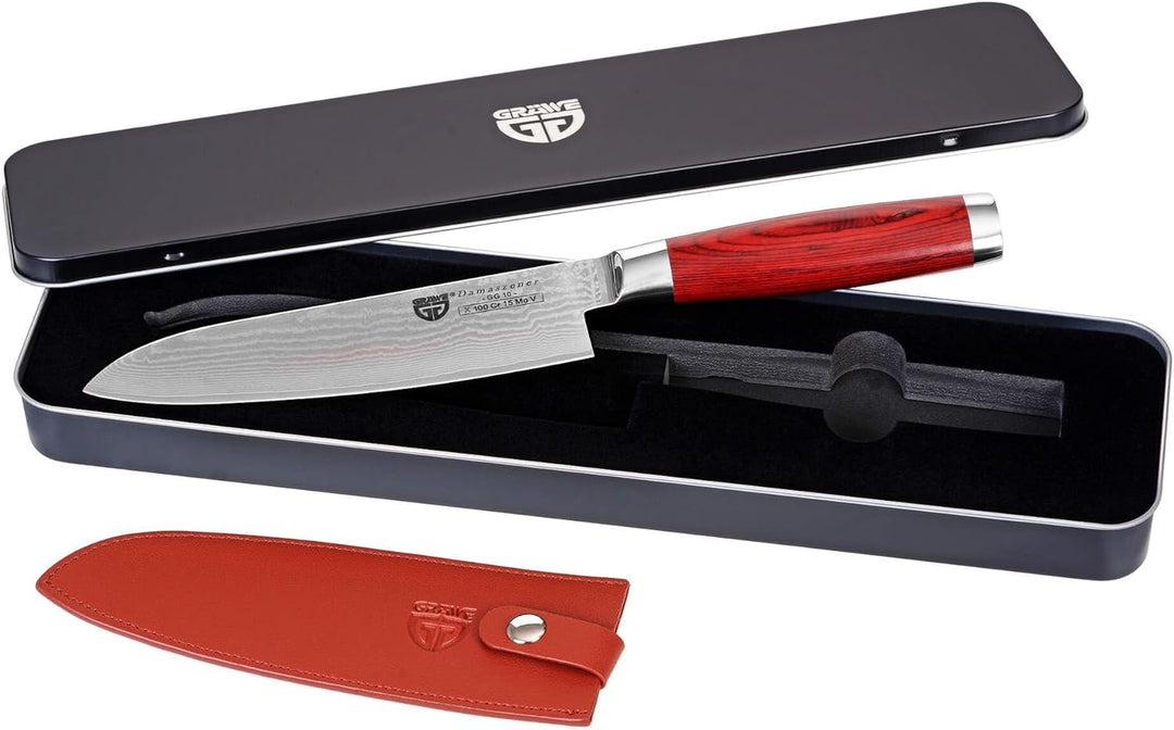 GRÄWE Damastmesser aus Damaststahl, gross, 17,5 cm Klinge, scharf, Damaszener Santokumesser mit Holz