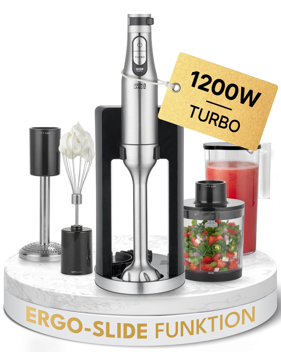 LEBENLANG Premium 1200W Stabmixer Set - Inkl. 5x Zubehör & Spritzschutz I Stufenlos verstellbar & Tu