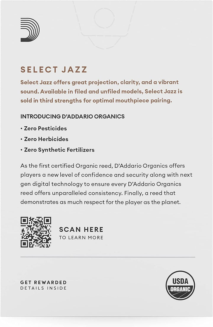 D'Addario Organisch Select Jazz Unfiled Alto Saxophon-Stimmzungen - Saxophonrohre - 2 Mittel, 10 Pac