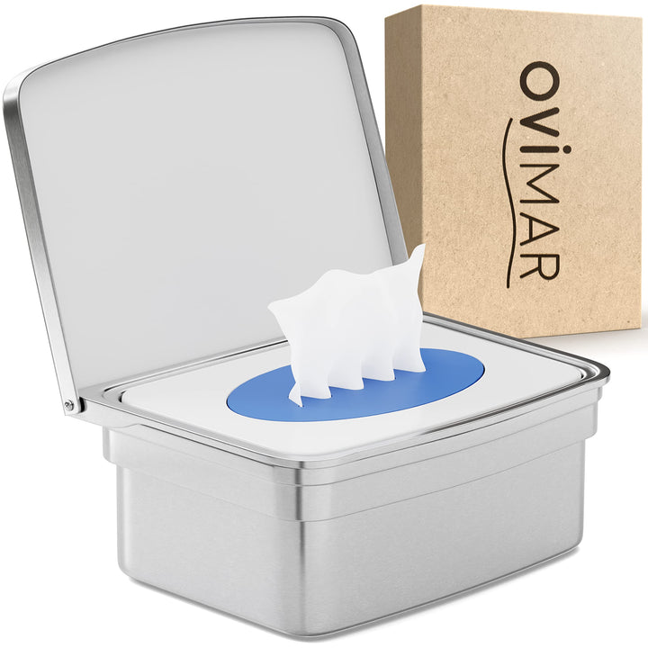 ovimar Feuchttücher Box mit Deckel Egense | in edlem Silber poliertem Edelstahl | ohne Bohren | Dami