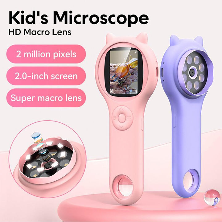 Mikroskop für Kinder, 500 fache Tragbare Taschenlupe mit 2 Zoll LCD Bildschirm, 8 Einstellbaren LED