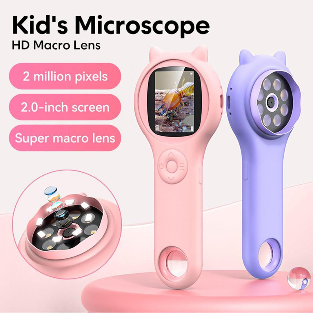 Mikroskop für Kinder, 500 fache Tragbare Taschenlupe mit 2 Zoll LCD Bildschirm, 8 Einstellbaren LED