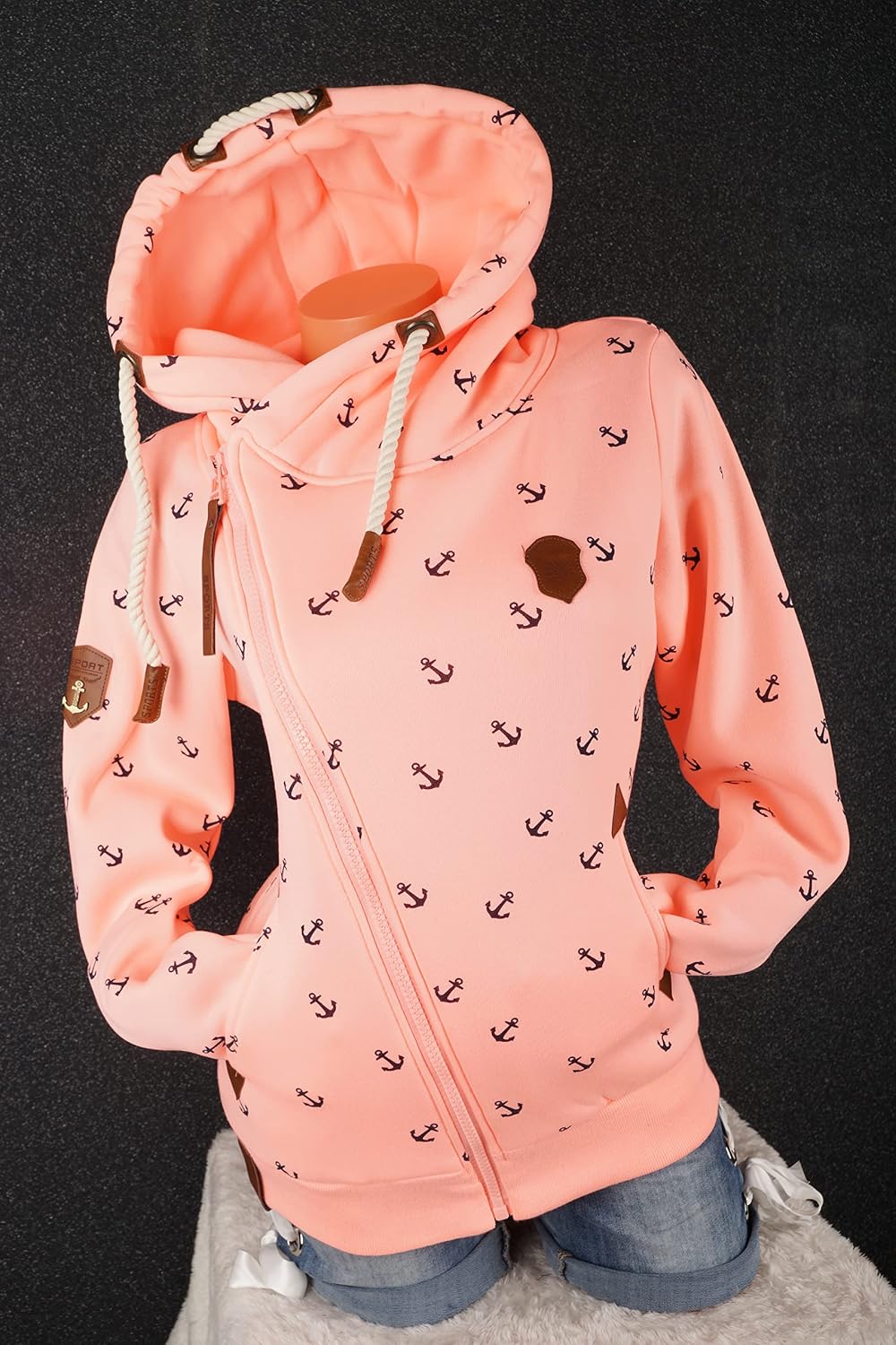 VIN TE Damen Sweat Jacke XXL Kapuze Hoodie Übergangsjacke Fleece gefüttert schräger Reissverschluss