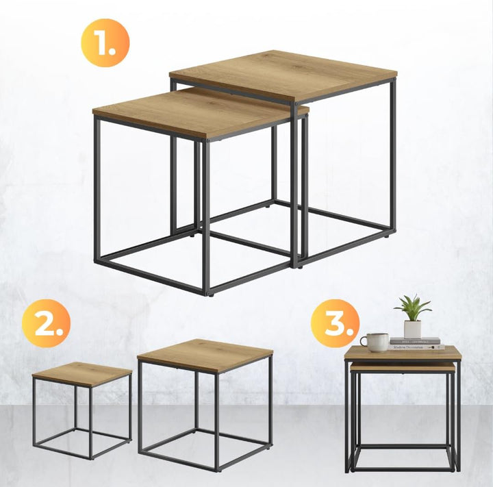 FORTENA Set mit 2 Couchtischen Beistelltisch Wohnzimmertisch Schwarz oder Gold Metall Quadratisch (E