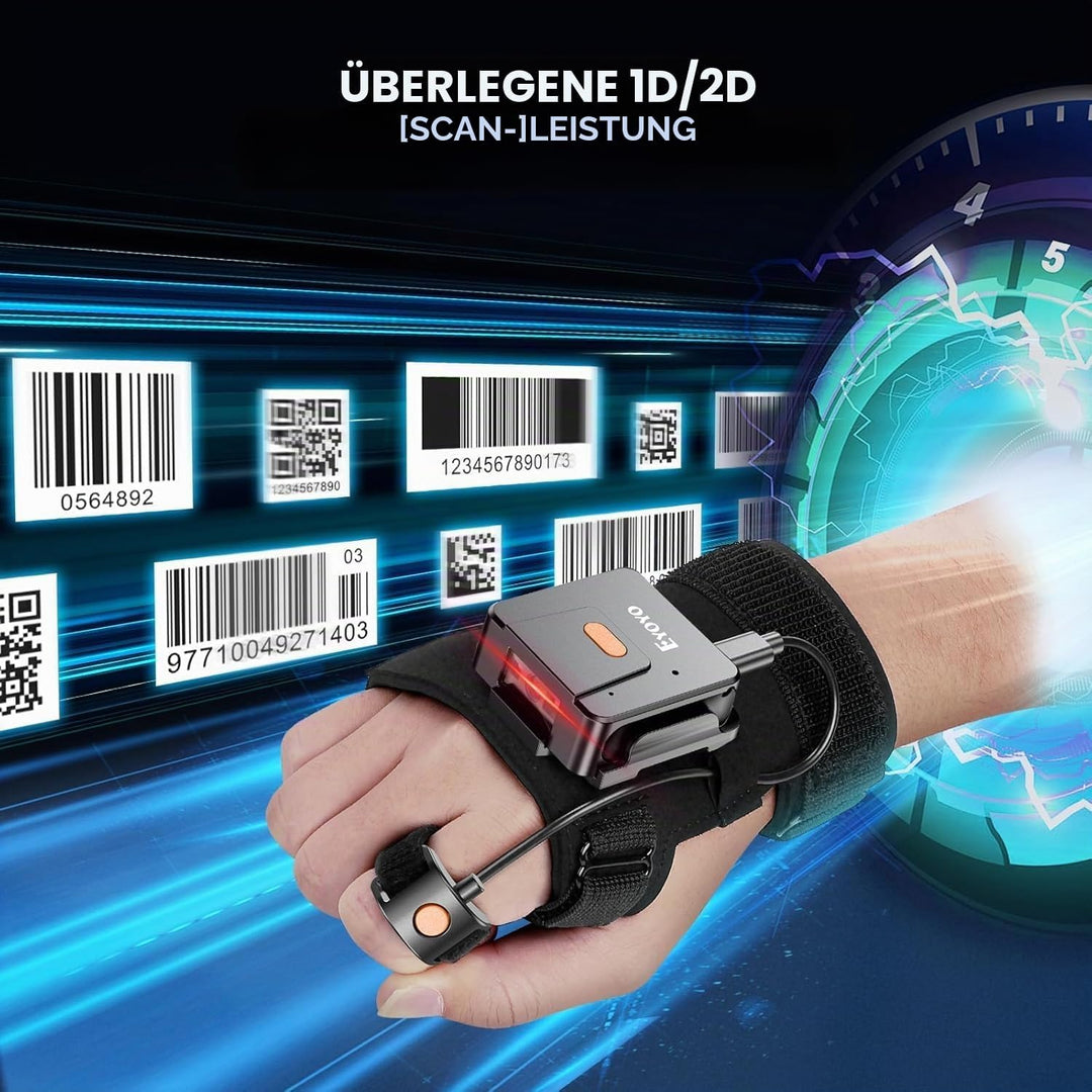 Eyoyo Tragbarer Bluetooth Barcode-Scanner-Handschuh, 1D 2D QR-Code Fingerring-Lesegerät für Linke un