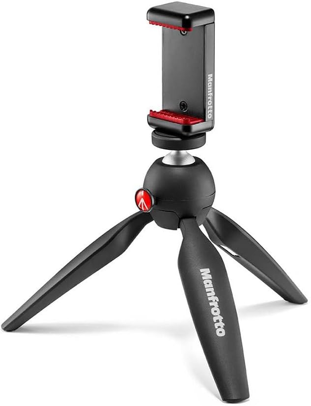 Manfrotto MKPIXICLMII-BK, Mini-Stativ mit universeller Smartphone-Klemme, Made in Italy, für iPhone