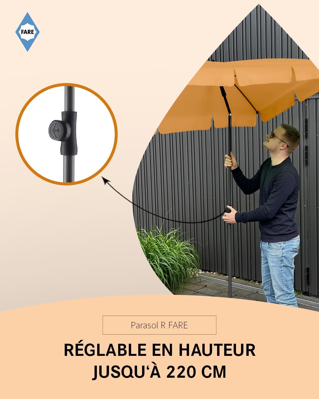 FARE Sonnenschirm Grösse L rechteckig - 200 cm Durchmesser - UV-Schutz 50+ für Balkon Garten Terrass