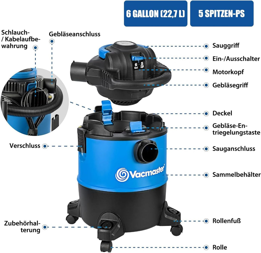 Vacmaster VBVB1223PF 1200W 23L Nass Trockensauger Mit Beutel,Mehrzwecksauger Abnehmbarem,Blasfunktio