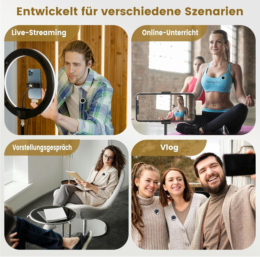 Dual-Interface-Funkmikrofon für iPhone und Android | 25 m Reichweite, 40-Stunden-Ladecase, DSP-Rausc