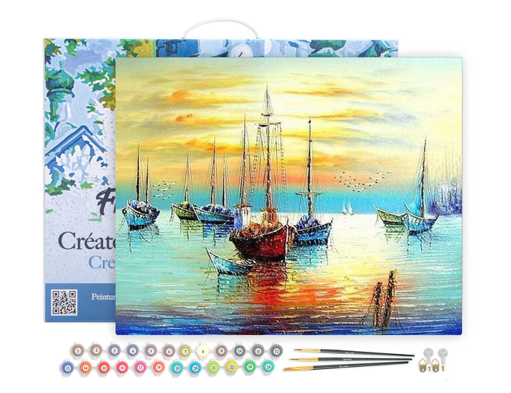 Figured'Art Malen Nach Zahlen Erwachsene Mit Rahmen Segelboote an der Küste - Paint by Numbers Baste