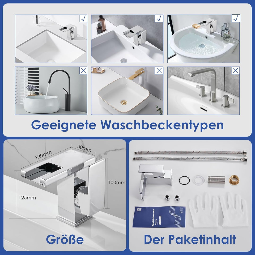 Batterielose LED Wasserhahn Bad, OUGOO Wasserfall RGB 3 Farbwechsel Waschtischarmatur nach Temperatu