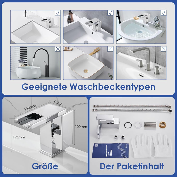 Batterielose LED Wasserhahn Bad, OUGOO Wasserfall RGB 3 Farbwechsel Waschtischarmatur nach Temperatu
