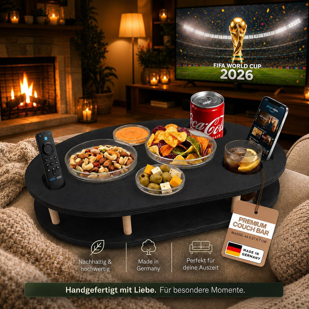 Couchbar Snackbox in schwarz mit 4 Glasschalen - Sofabar für Snacks und Getränke - Couchtabletts mit