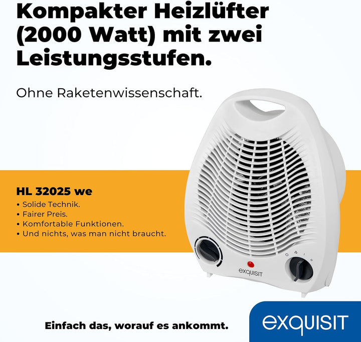 Exquisit Heizlüfter HL 32025 we | 2 Heizstufen (1000/2000 Watt) | Kaltstufe (Ventilator-Modus) | wei