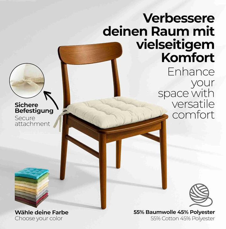 etérea 2er Set Sitzkissen Outdoor 40x40 mit Bändern - Stuhlkissen Creme für Gartenstuhl &amp; Innenberei