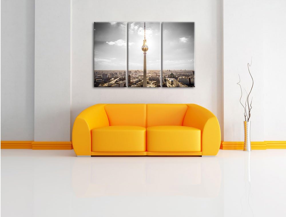 Pixxprint Berliner Fernsehturm am späten Nachmittag schwarz/weiss 3-Teiler Leinwandbild 120x80 Bild