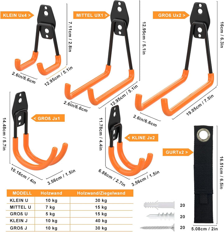 Kitmiido 12er Set Wandhaken für Garage | Schwerlast Doppelhaken | Platzsparende Aufbewahrung für Wer