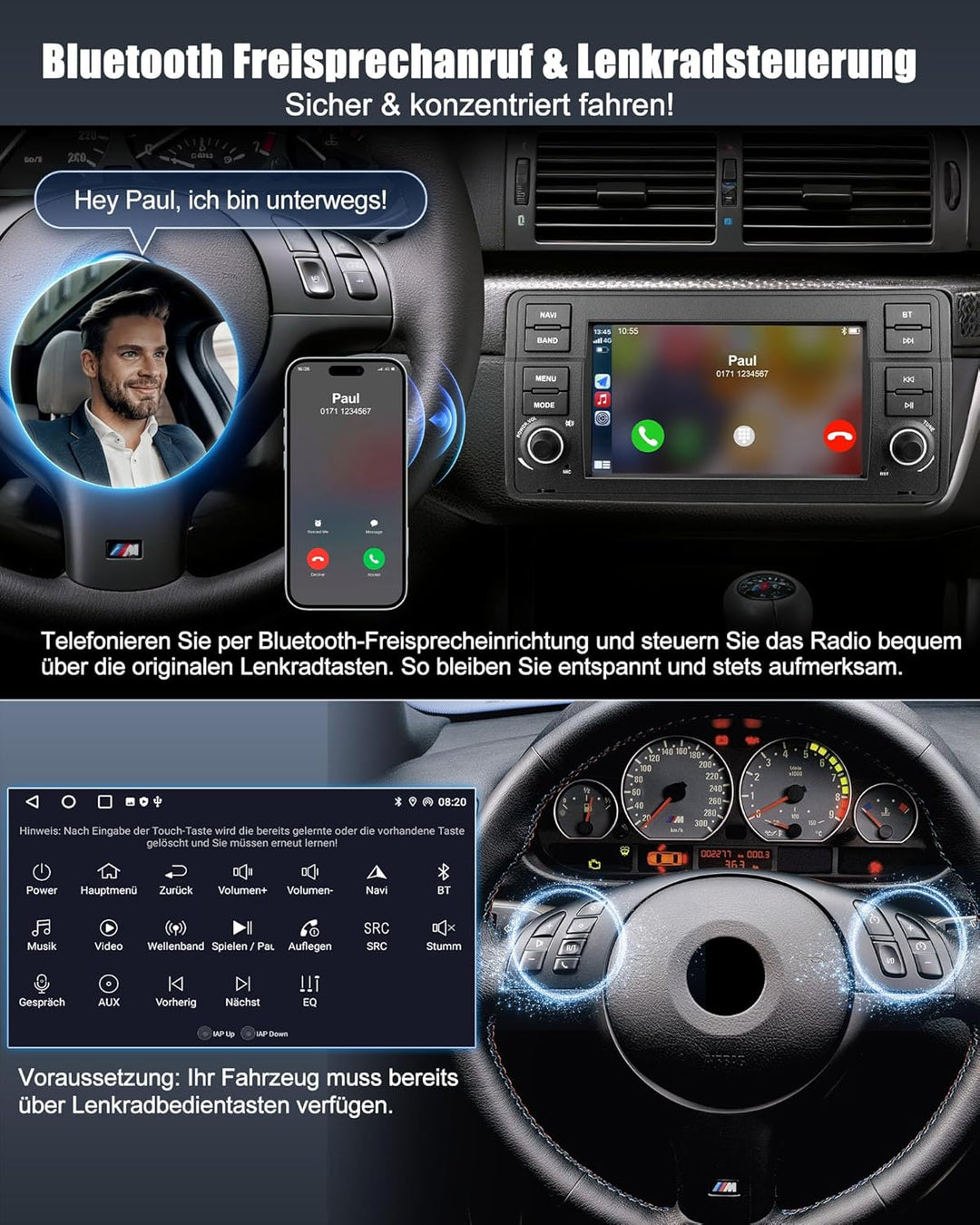 Lehwey Bluetooth Autoradio mit Bildschirm für BMW E46 3 Serien 1998-2006 M3 Rover ZT mit Navi WLAN A