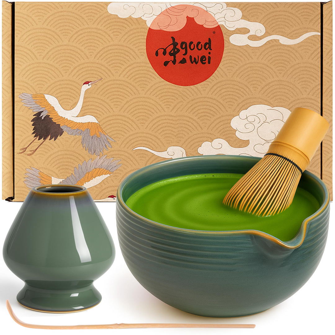 Goodwei Matcha Set mit Matcha Besen, Matchalöffel und Matcha Schale mit Besenhalter aus Keramik im p