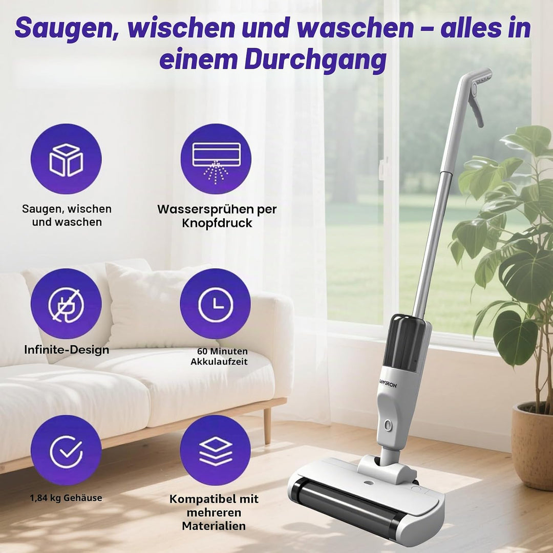 Wischsauger Kabellos mit Akku, Elektrisch Nass Trockensauger mit Wischfunktion, USB Aufladbar, Boden