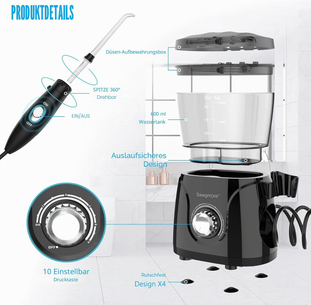 Sawgmore Elektrische Munddusche mit 10 Druckstufen und 8 Düsen，Professional Waterflosser für Zanrein
