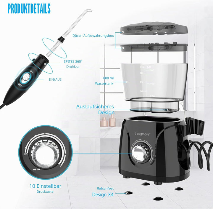 Sawgmore Elektrische Munddusche mit 10 Druckstufen und 8 Düsen，Professional Waterflosser für Zanrein